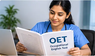 Healthcare professional reviewing OET preparation material