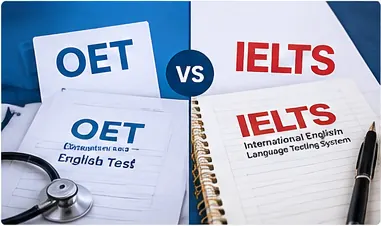 OET, IELTS and PTE preparation materials for an English test comparison