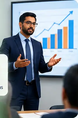 Business professional presenting performance data to a team